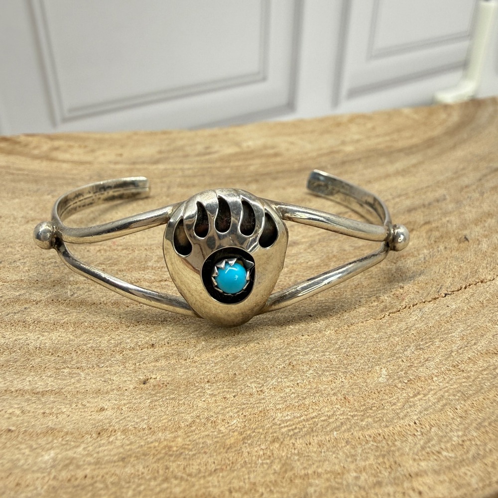 Vintage Sterling Silver Turquoise Bear Paw Child Cuff Bracelet Native American